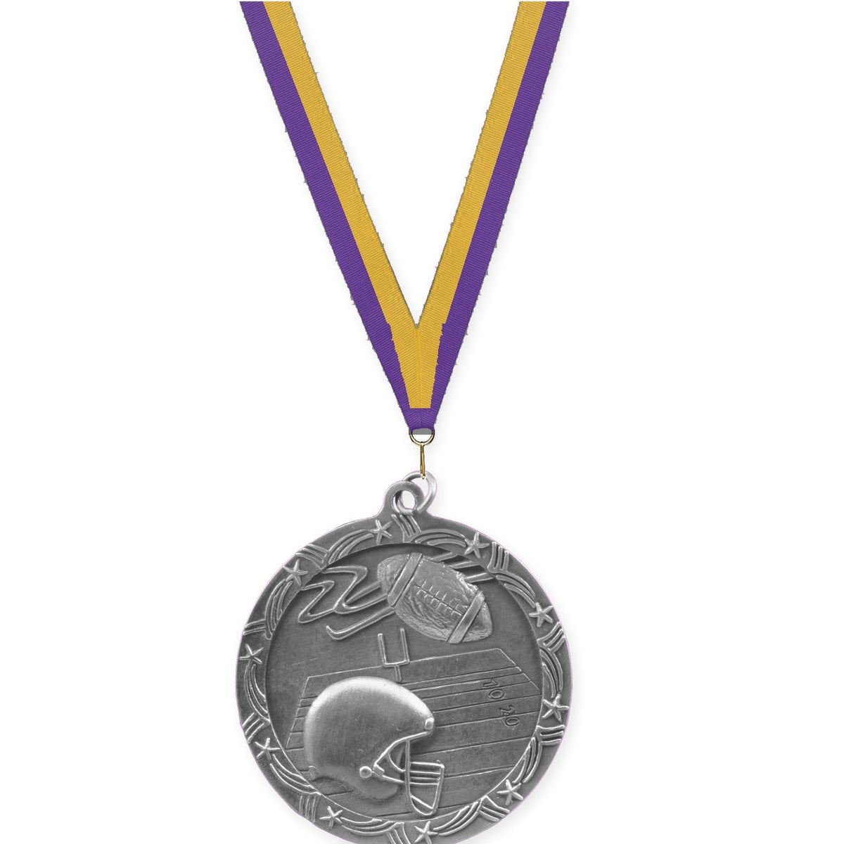 2 1/2 inch football Shooting Star medal in antique silver with Purple Gold neck ribbon