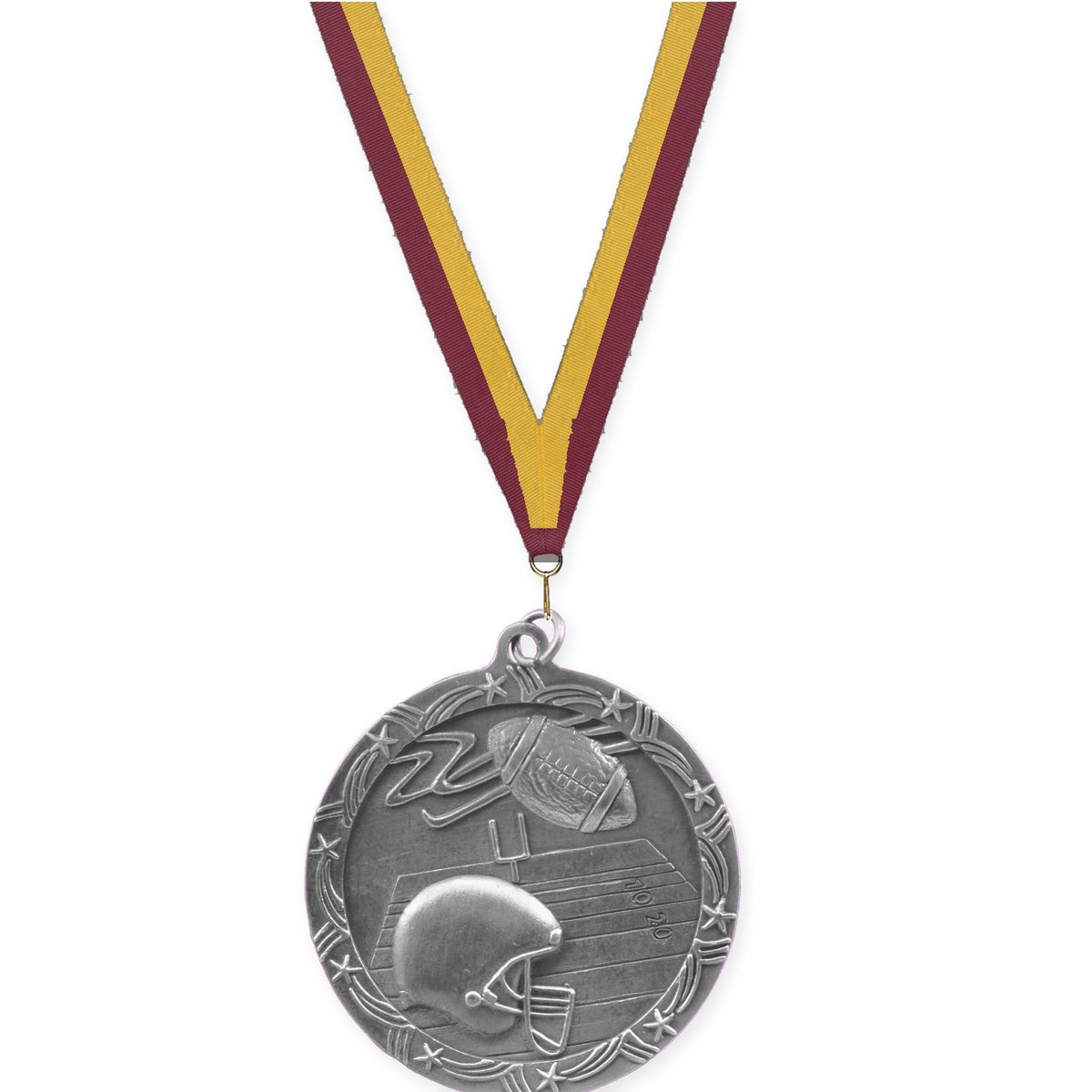 2 1/2 inch football Shooting Star medal in antique silver with Maroon Gold neck ribbon