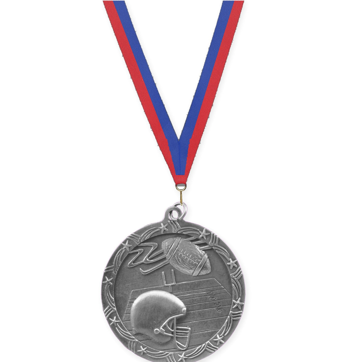 2 1/2 inch football Shooting Star medal in antique silver with Blue Red neck ribbon