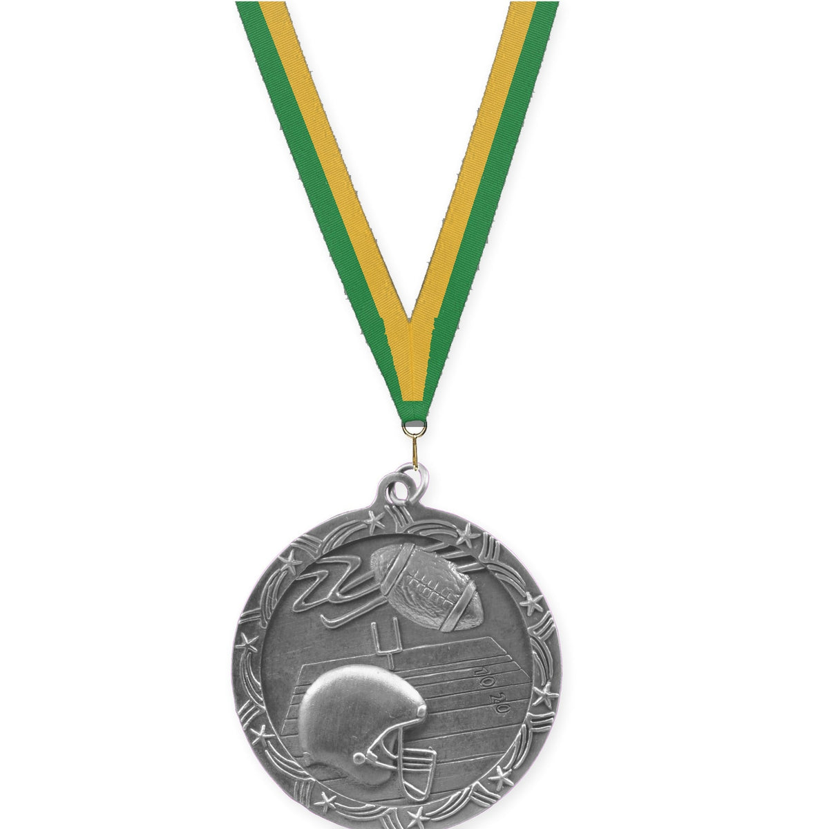 2 1/2 inch football Shooting Star medal in antique silver with Green Gold neck ribbon