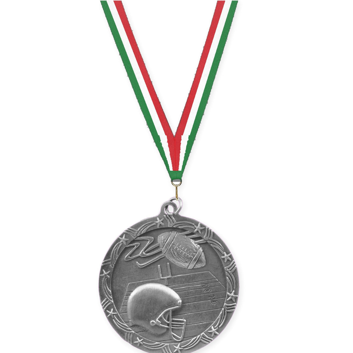 2 1/2 inch football Shooting Star medal in antique silver with Green White Red neck ribbon