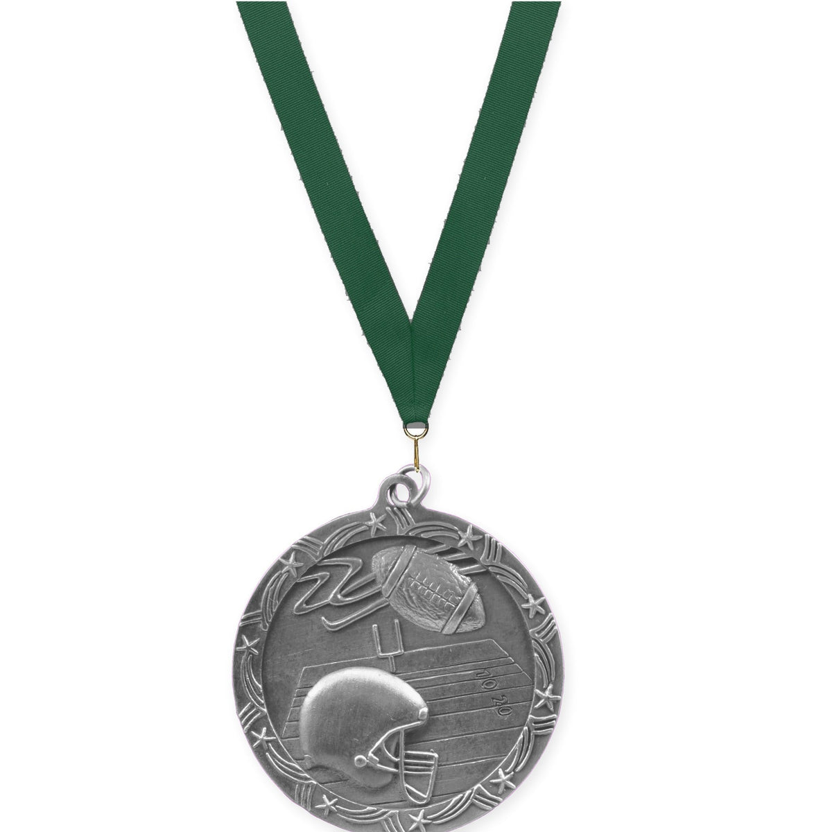 2 1/2 inch football Shooting Star medal in antique silver with Hunter Green neck ribbon