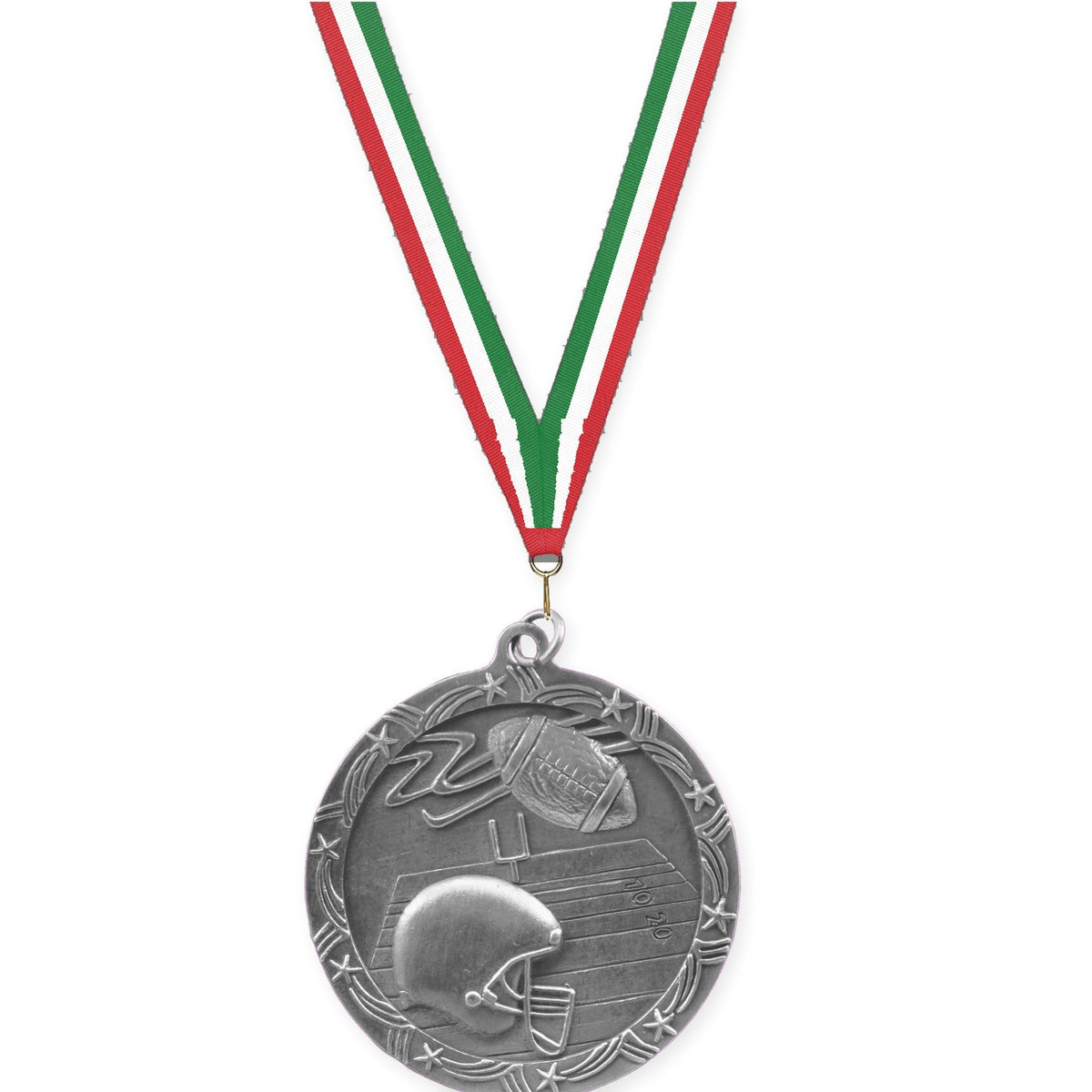 2 1/2 inch football Shooting Star medal in antique silver with Red White Green neck ribbon