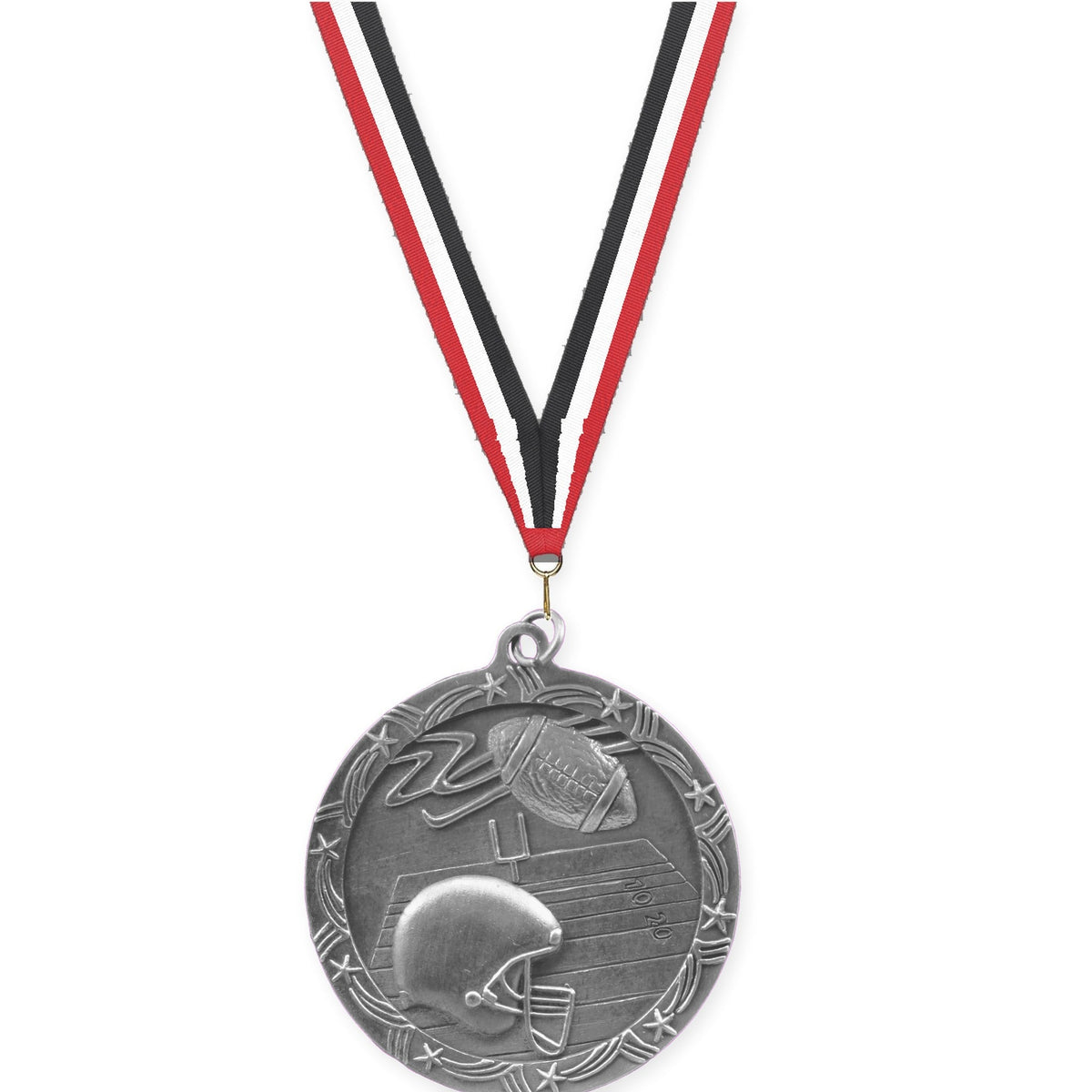 2 1/2 inch football Shooting Star medal in antique silver with Red White Black neck ribbon
