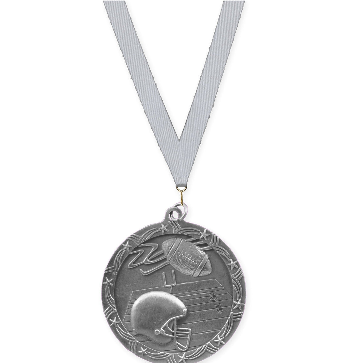 2 1/2 inch football Shooting Star medal in antique silver with Silver Metallic neck ribbon