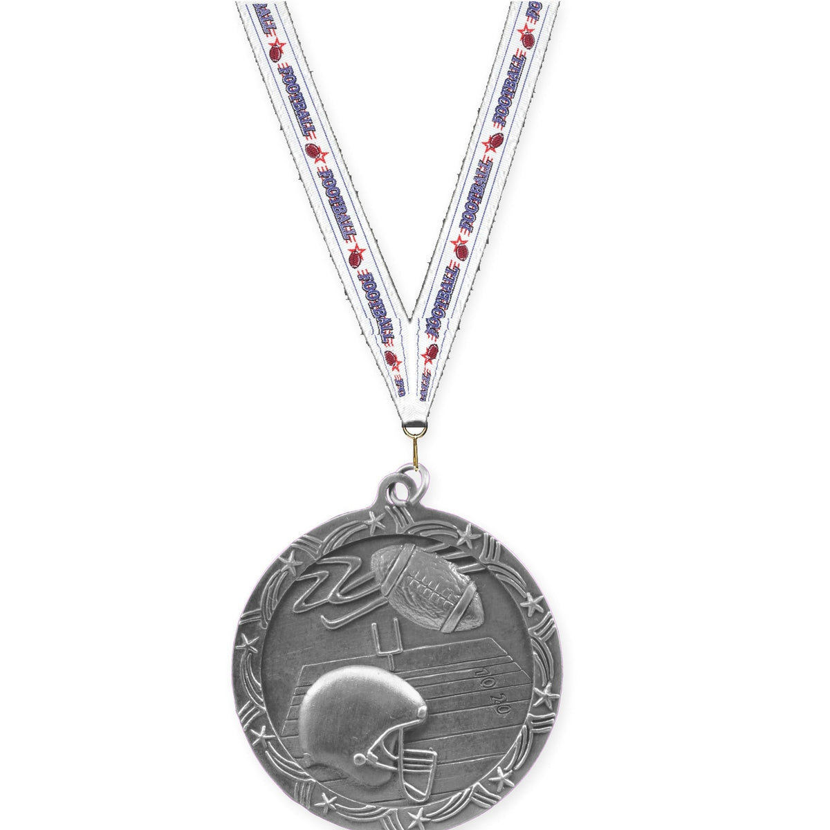 2 1/2 inch football Shooting Star medal in antique silver with Football neck ribbon