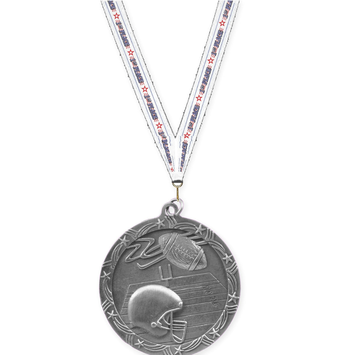 2 1/2 inch football Shooting Star medal in antique silver with 1st Place neck ribbon
