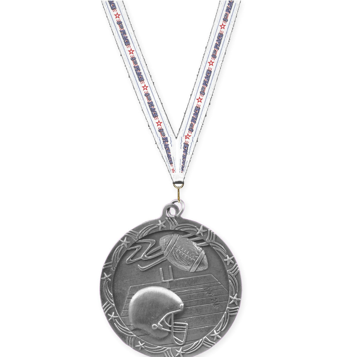 2 1/2 inch football Shooting Star medal in antique silver with 3rd Place neck ribbon