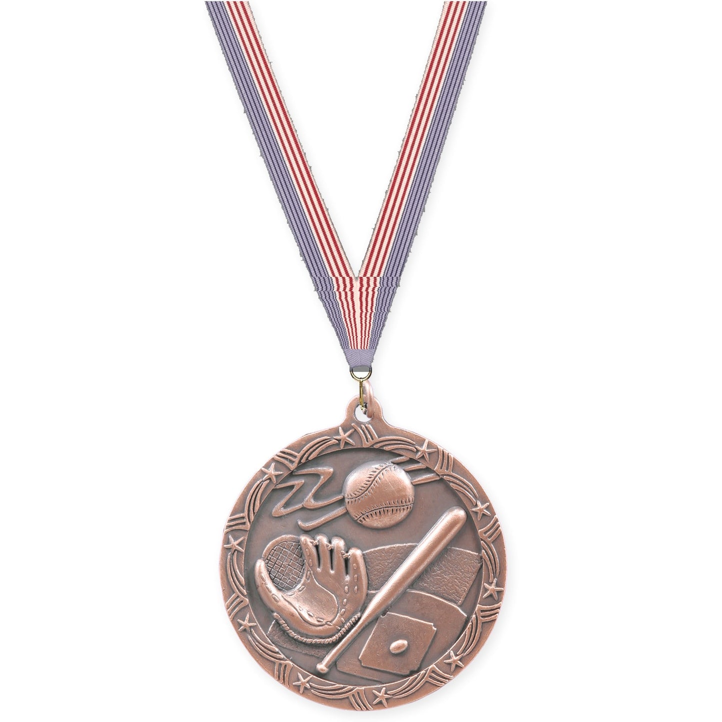 2 1/2 inch baseball and softball Shooting Star medal in antique bronze with USA Flag neck ribbon