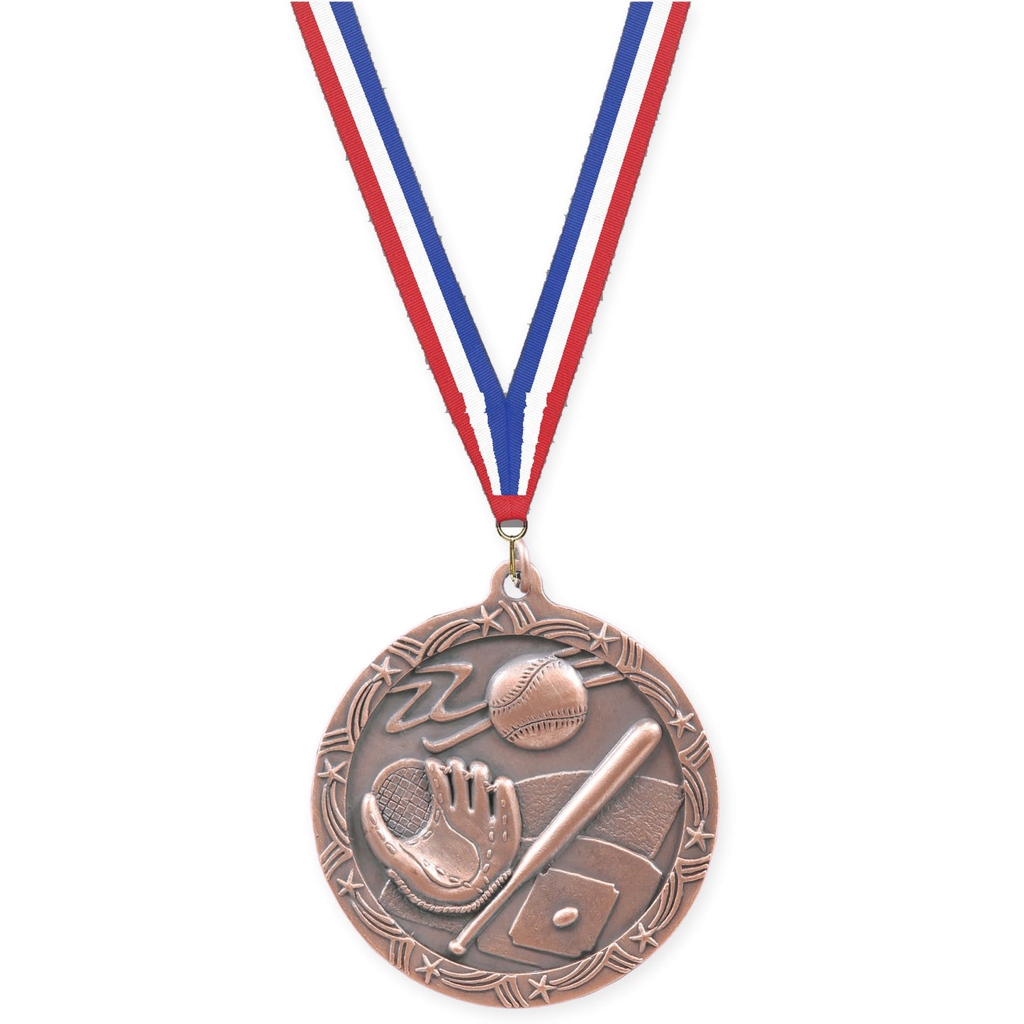 2 1/2 inch baseball and softball Shooting Star medal in antique bronze with Red White Blue neck ribbon