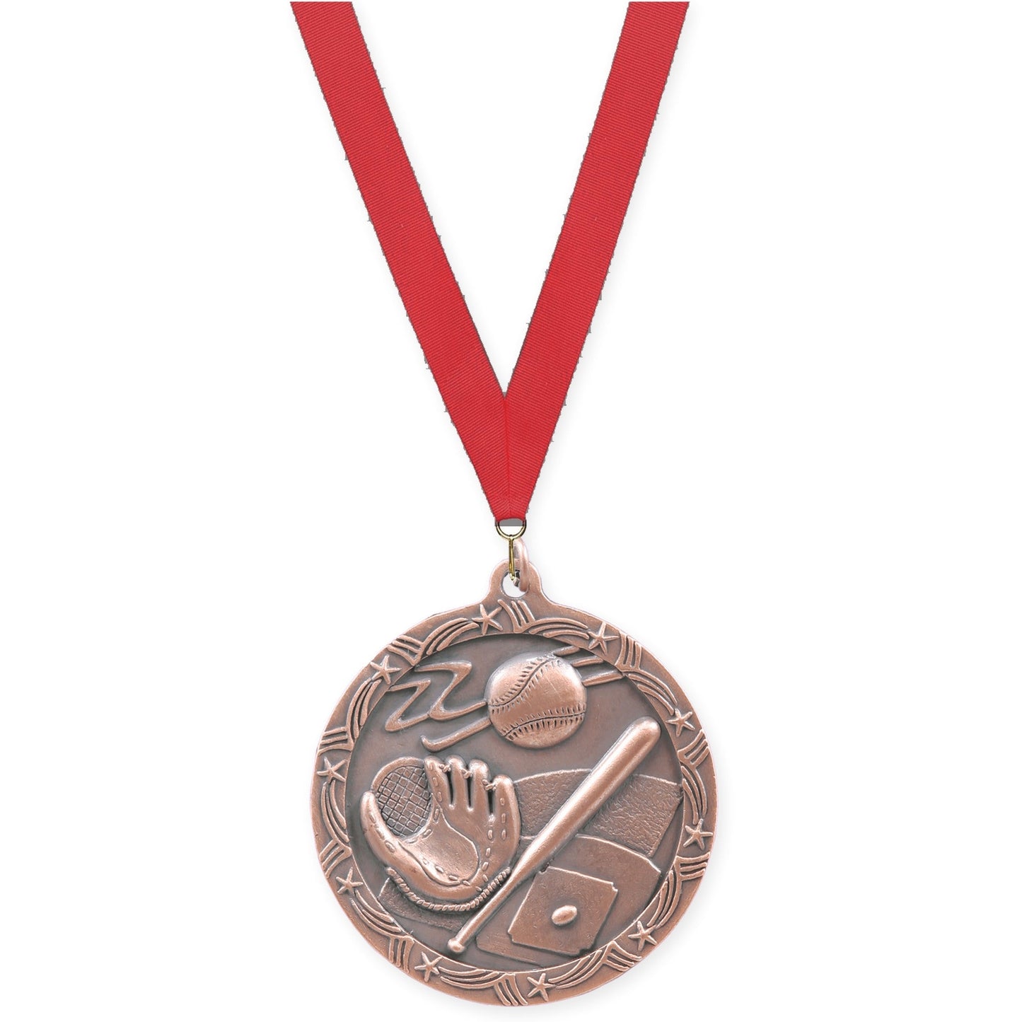 2 1/2 inch baseball and softball Shooting Star medal in antique bronze with Red neck ribbon