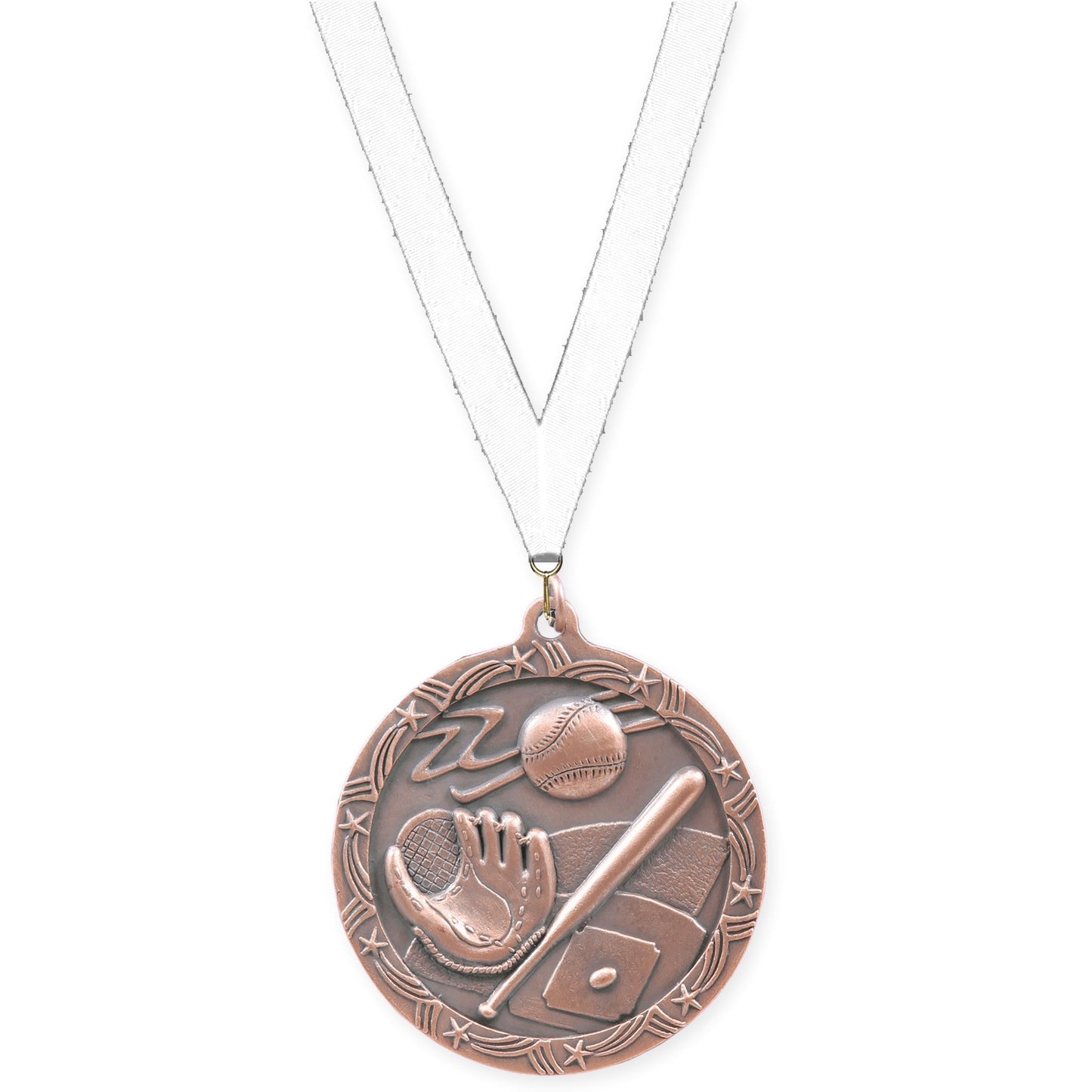 2 1/2 inch baseball and softball Shooting Star medal in antique bronze with White neck ribbon