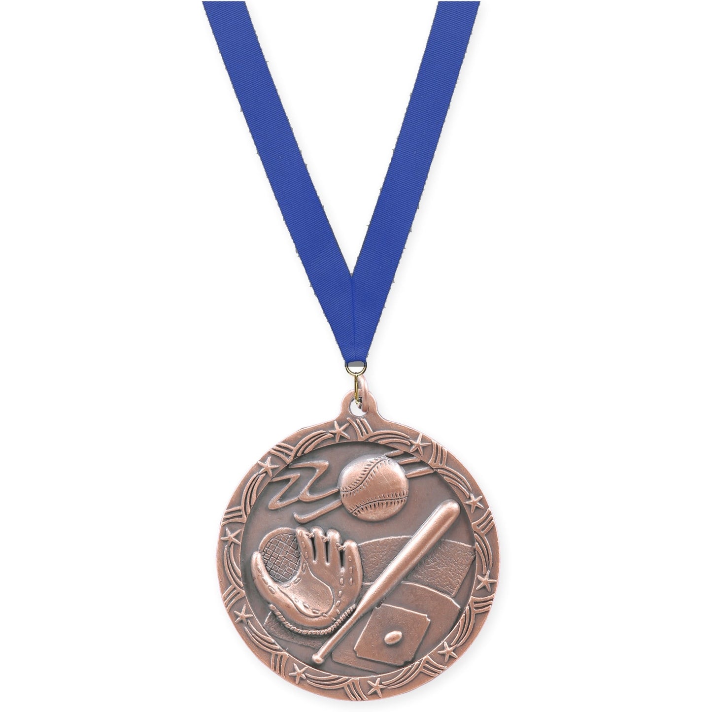 2 1/2 inch baseball and softball Shooting Star medal in antique bronze with Blue neck ribbon