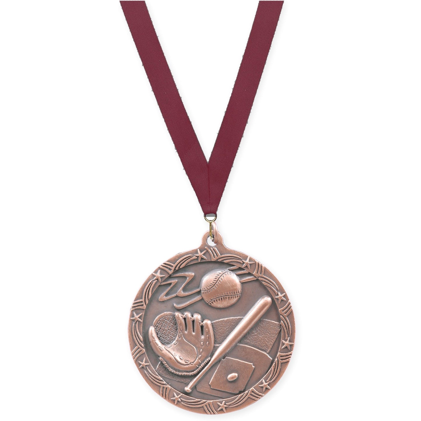 2 1/2 inch baseball and softball Shooting Star medal in antique bronze with Maroon neck ribbon