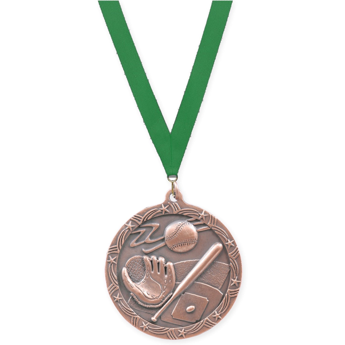 2 1/2 inch baseball and softball Shooting Star medal in antique bronze with Green neck ribbon