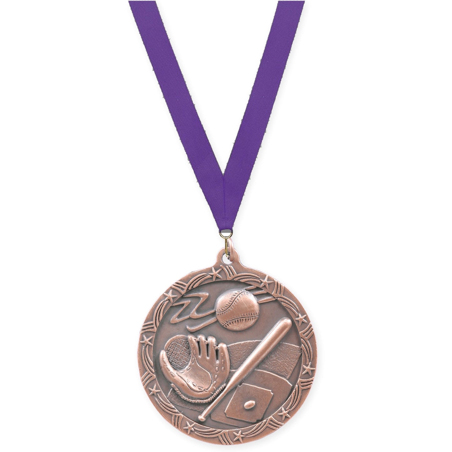 2 1/2 inch baseball and softball Shooting Star medal in antique bronze with Purple neck ribbon