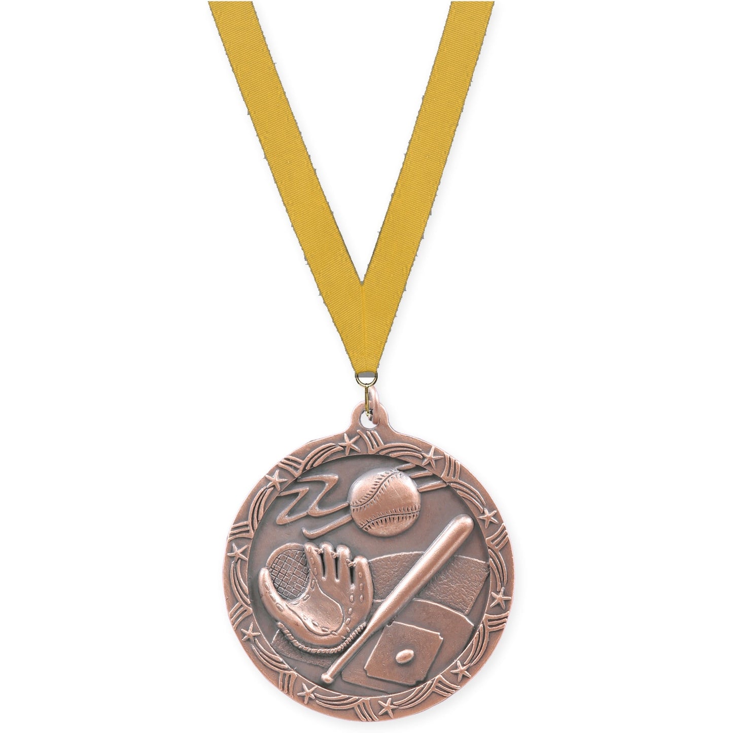 2 1/2 inch baseball and softball Shooting Star medal in antique bronze with Gold neck ribbon