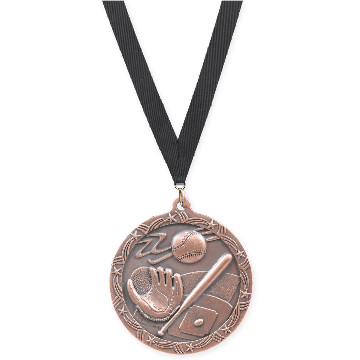 2 1/2 inch baseball and softball Shooting Star medal in antique bronze with Black neck ribbon