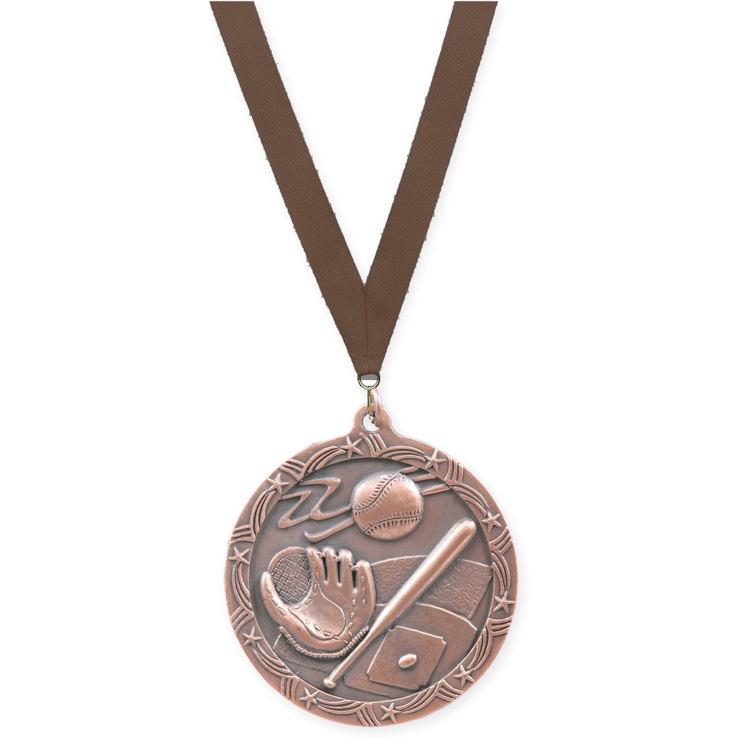 2 1/2 inch baseball and softball Shooting Star medal in antique bronze with Brown neck ribbon