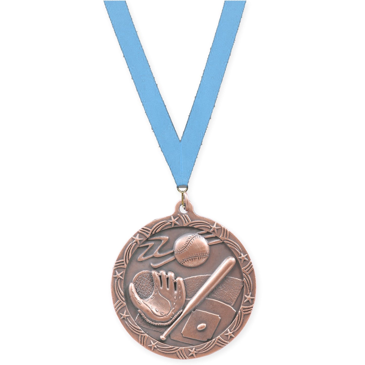2 1/2 inch baseball and softball Shooting Star medal in antique bronze with Light Blue neck ribbon