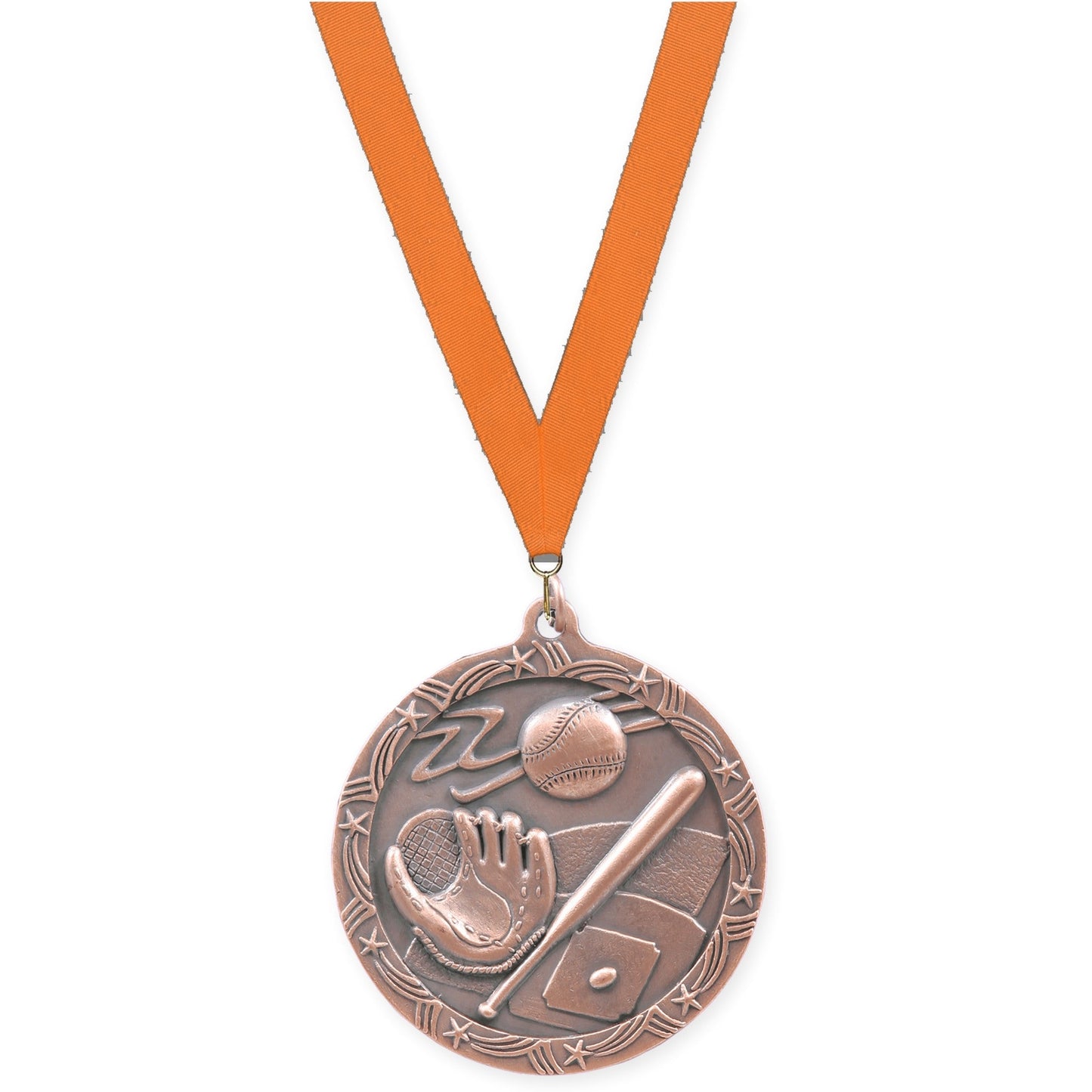 2 1/2 inch baseball and softball Shooting Star medal in antique bronze with Orange neck ribbon