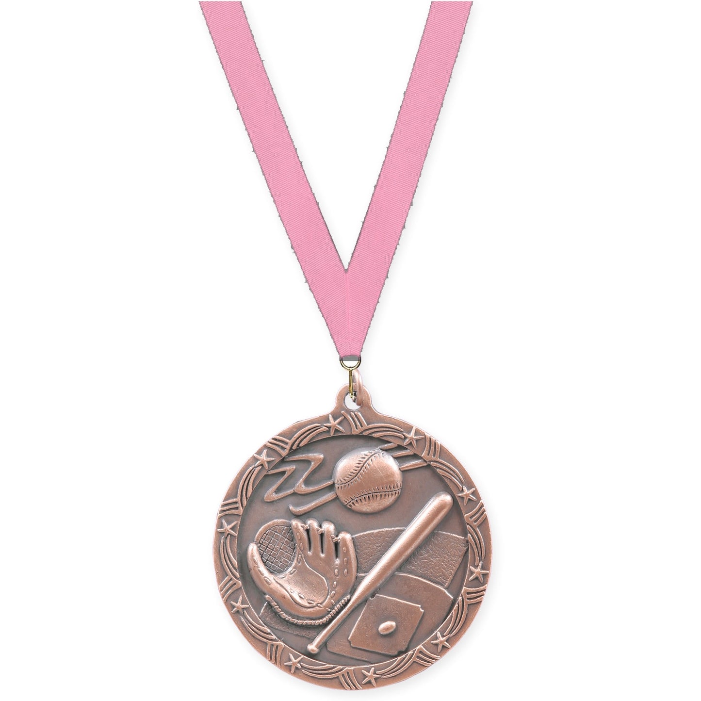 2 1/2 inch baseball and softball Shooting Star medal in antique bronze with Pink neck ribbon