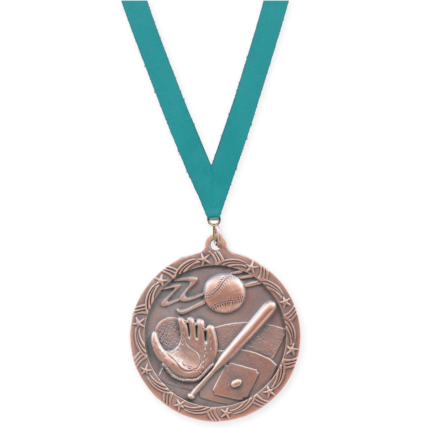 2 1/2 inch baseball and softball Shooting Star medal in antique bronze with Teal neck ribbon
