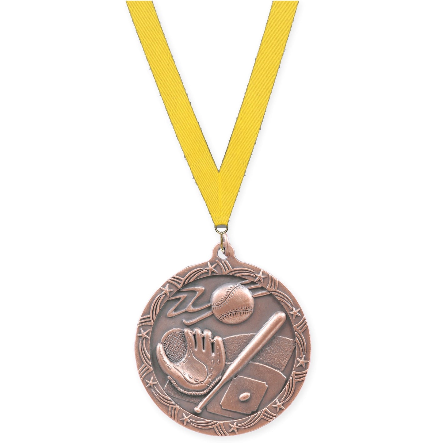 2 1/2 inch baseball and softball Shooting Star medal in antique bronze with Yellow neck ribbon