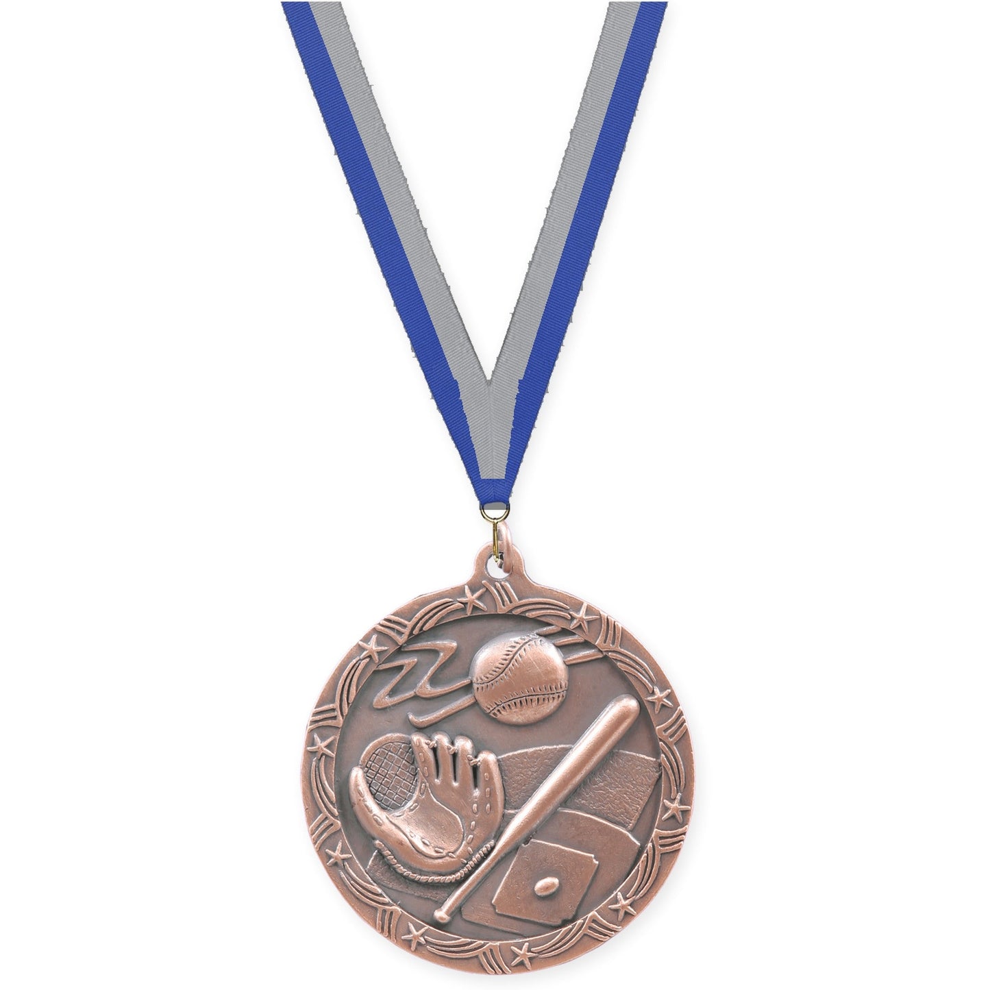 2 1/2 inch baseball and softball Shooting Star medal in antique bronze with Blue Gray neck ribbon