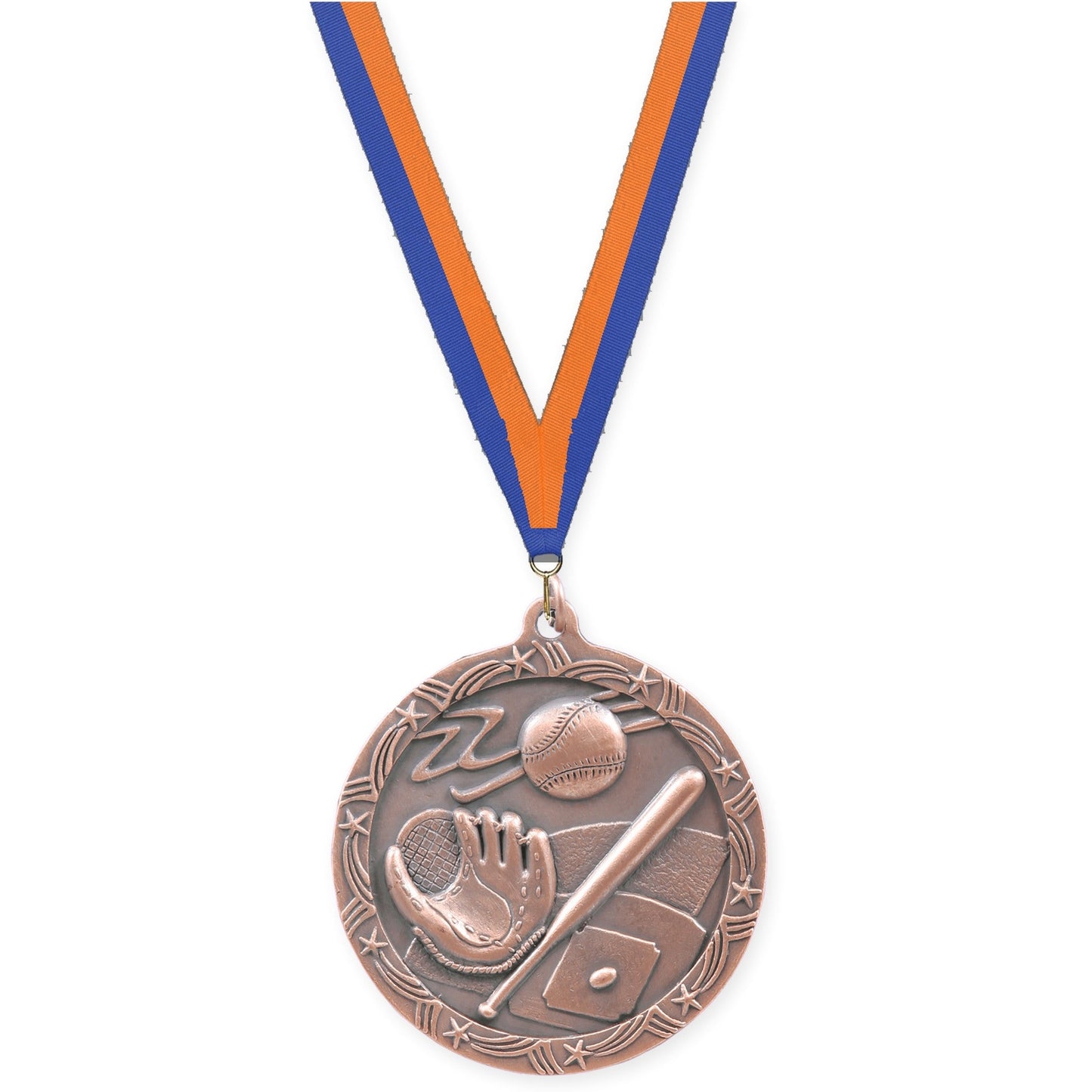 2 1/2 inch baseball and softball Shooting Star medal in antique bronze with Blue Orange neck ribbon