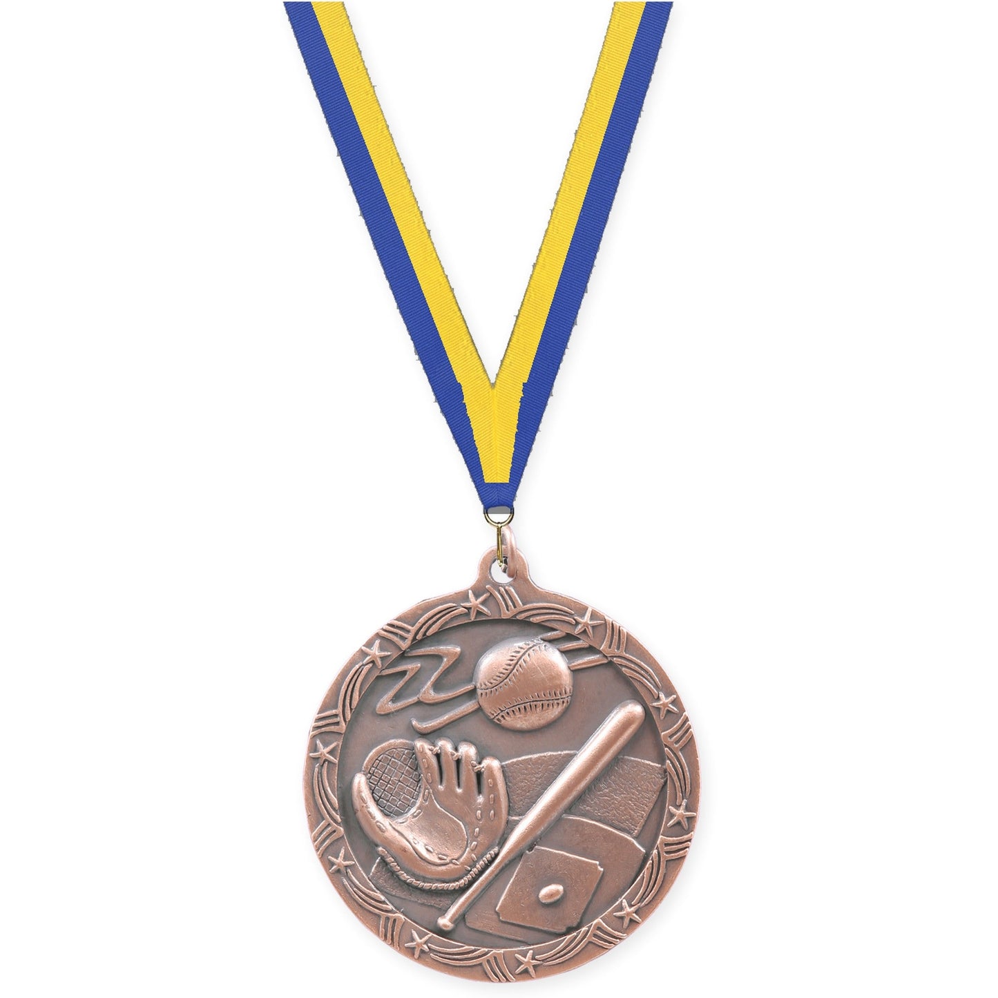 2 1/2 inch baseball and softball Shooting Star medal in antique bronze with Blue Yellow neck ribbon