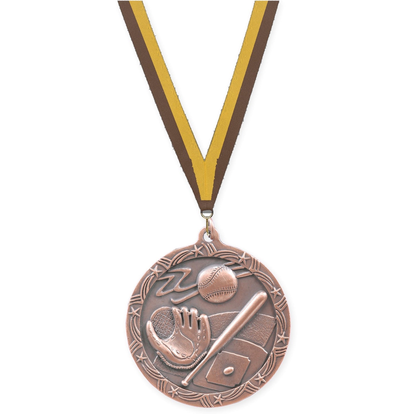 2 1/2 inch baseball and softball Shooting Star medal in antique bronze with Brown Gold neck ribbon