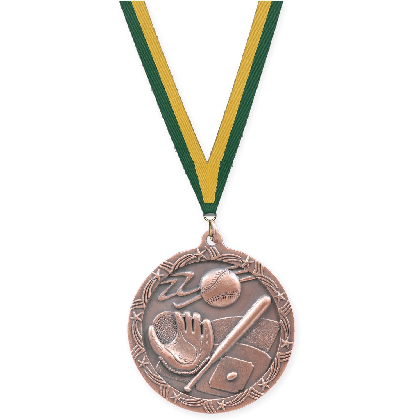 2 1/2 inch baseball and softball Shooting Star medal in antique bronze with Hunter Green Gold neck ribbon