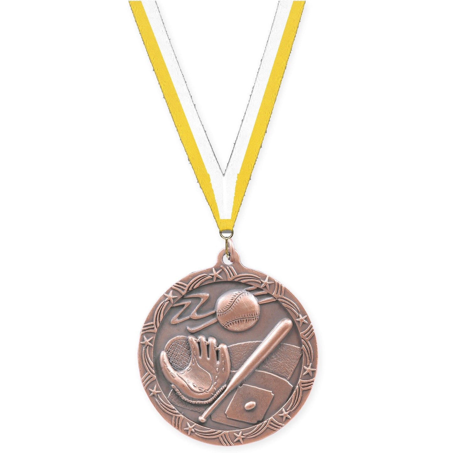 2 1/2 inch baseball and softball Shooting Star medal in antique bronze with Yellow White neck ribbon