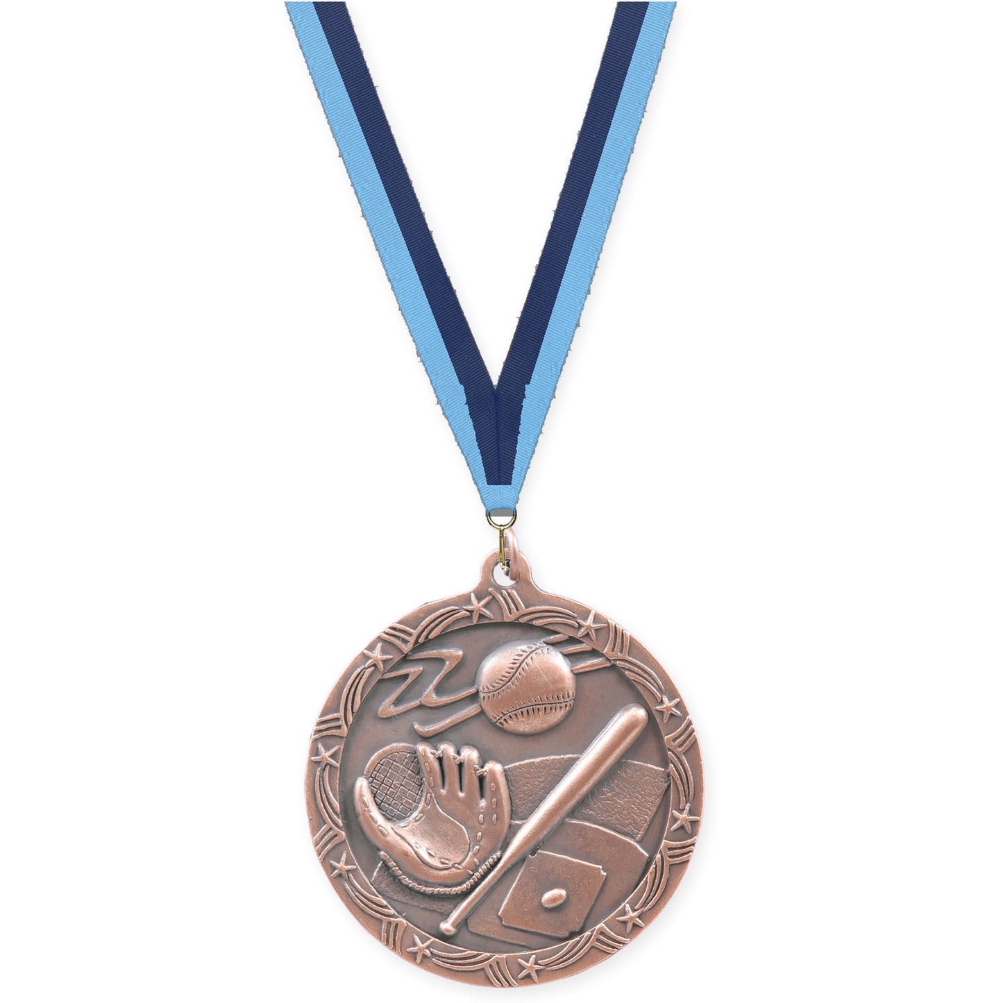 2 1/2 inch baseball and softball Shooting Star medal in antique bronze with Light Blue Navy neck ribbon