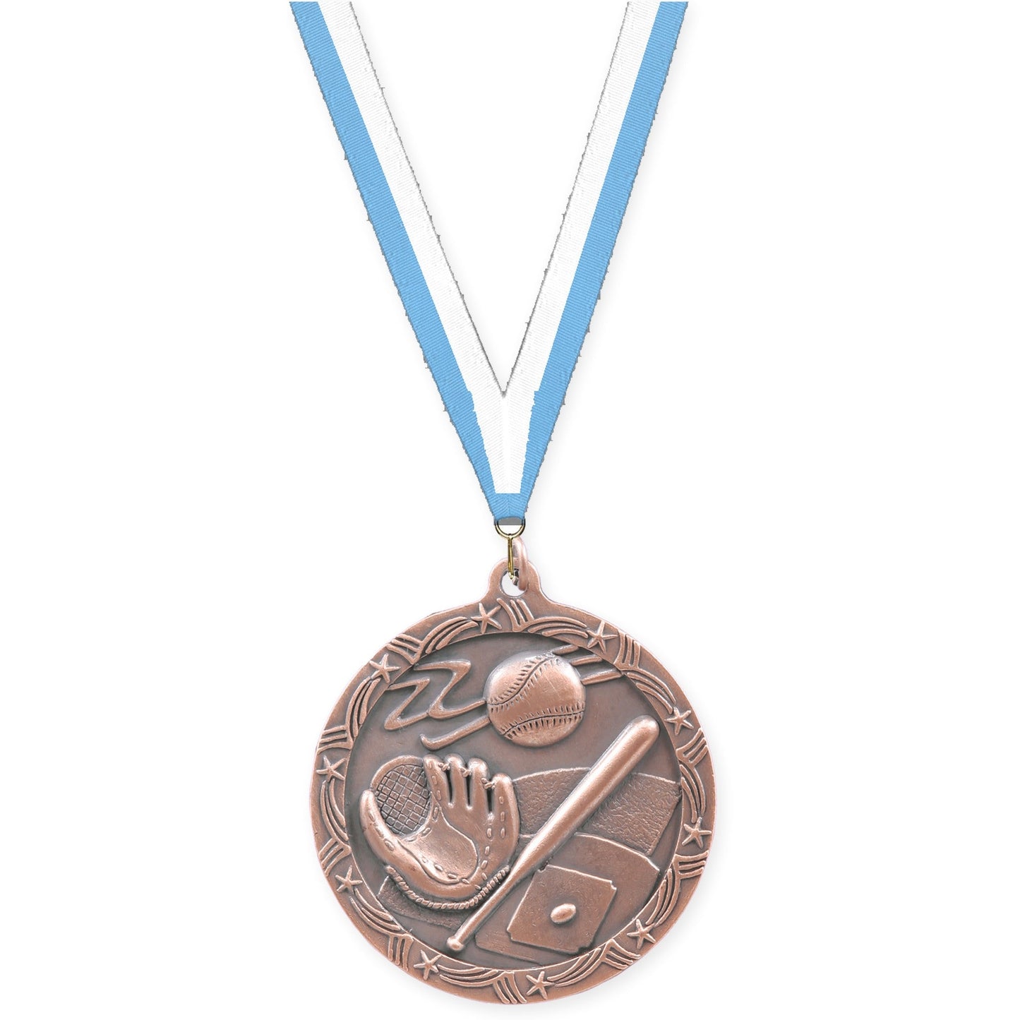 2 1/2 inch baseball and softball Shooting Star medal in antique bronze with Light Blue White neck ribbon