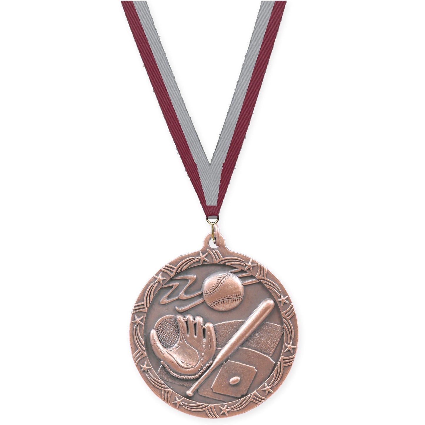 2 1/2 inch baseball and softball Shooting Star medal in antique bronze with Maroon Gray neck ribbon