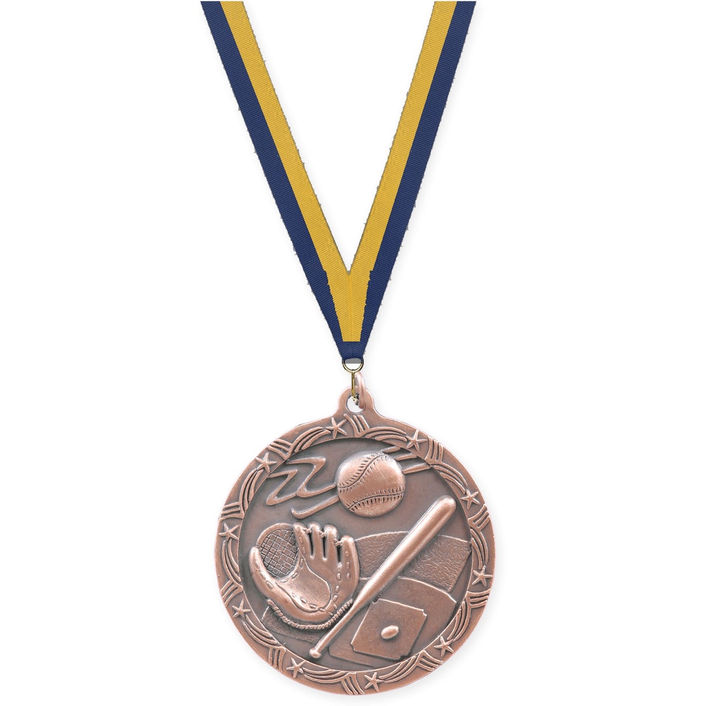 2 1/2 inch baseball and softball Shooting Star medal in antique bronze with Navy Gold neck ribbon