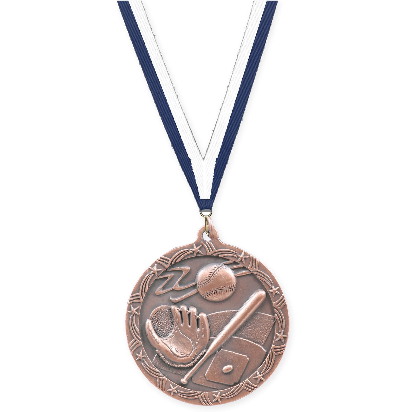 2 1/2 inch baseball and softball Shooting Star medal in antique bronze with Navy White neck ribbon