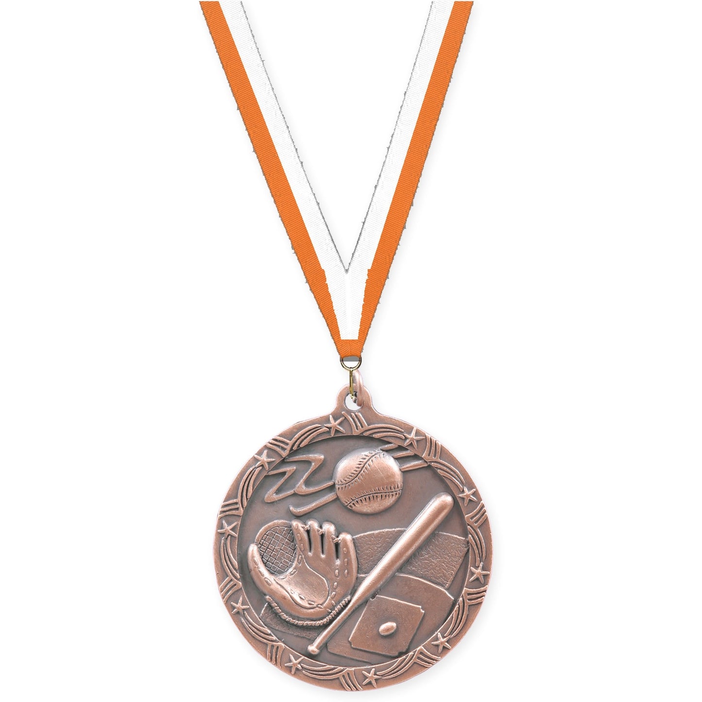 2 1/2 inch baseball and softball Shooting Star medal in antique bronze with Orange White neck ribbon
