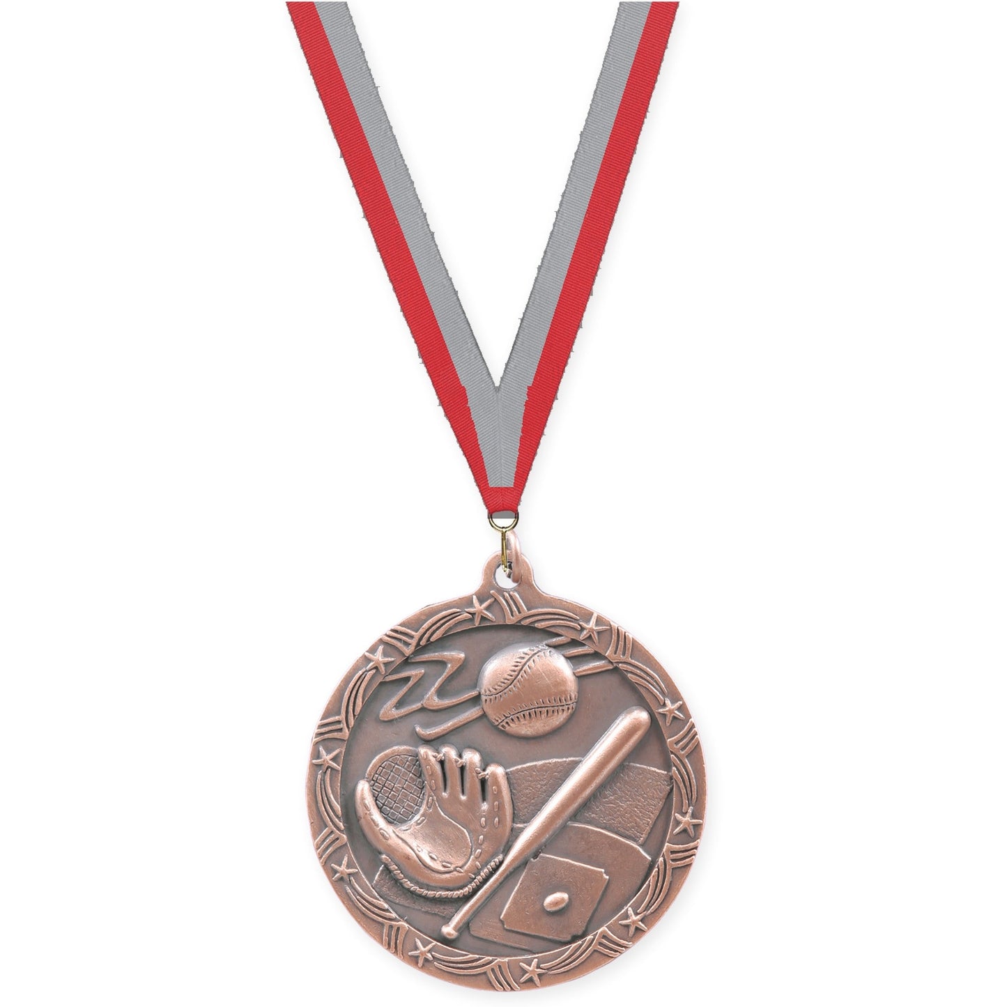 2 1/2 inch baseball and softball Shooting Star medal in antique bronze with Red Gray neck ribbon