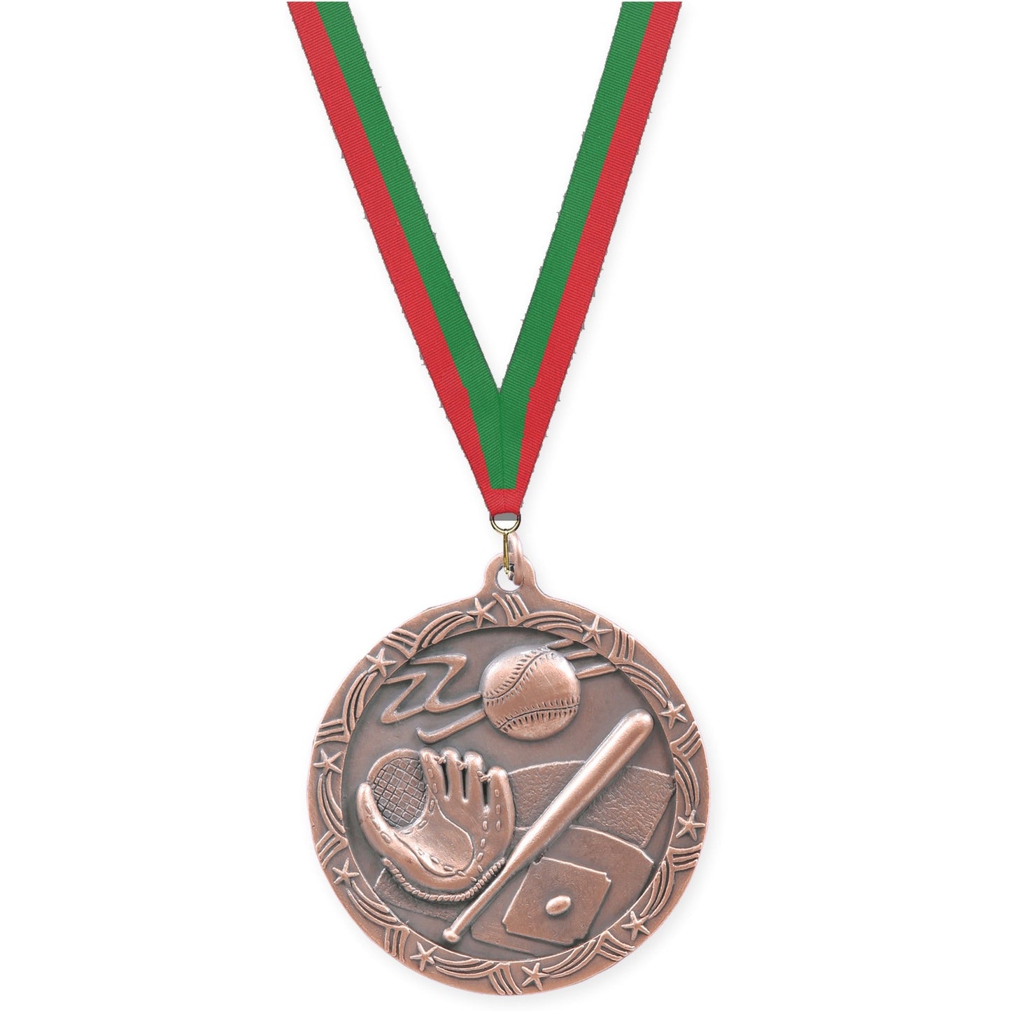 2 1/2 inch baseball and softball Shooting Star medal in antique bronze with Red Green neck ribbon
