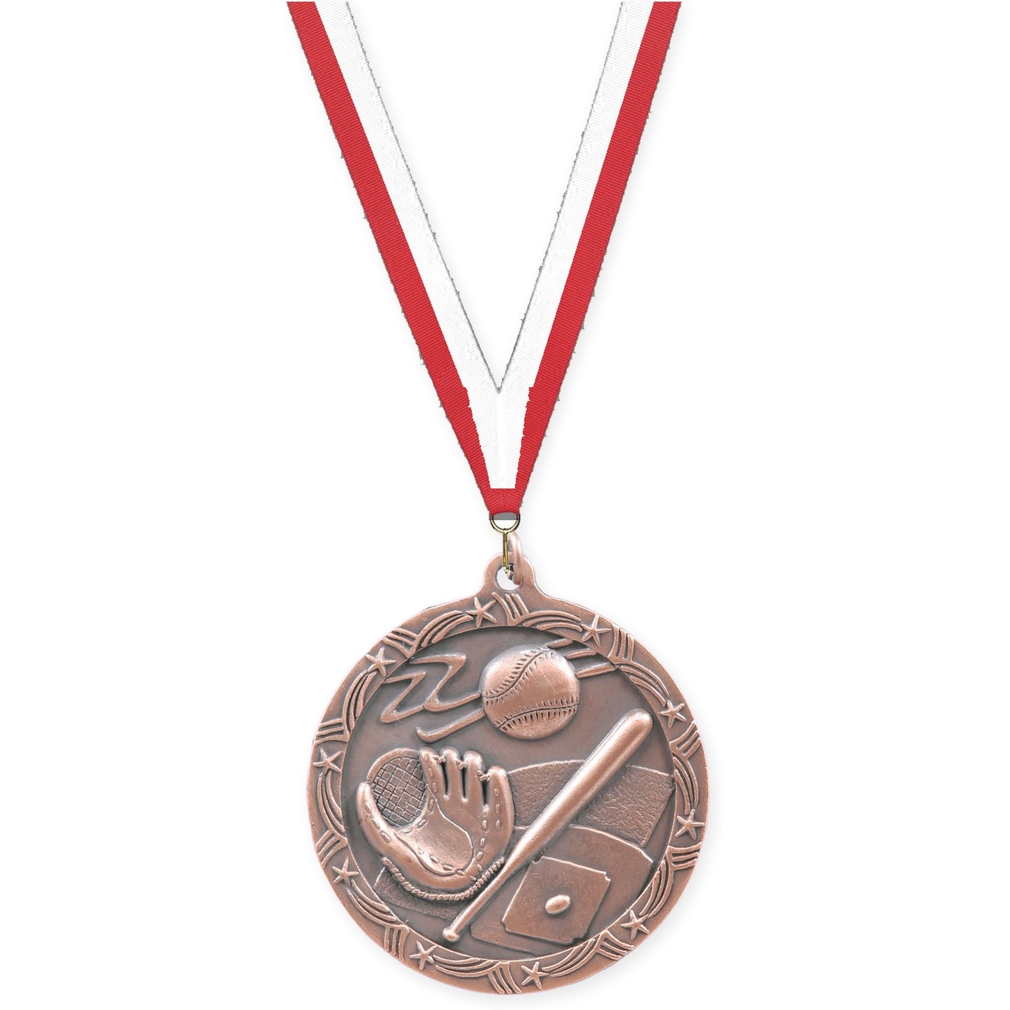 2 1/2 inch baseball and softball Shooting Star medal in antique bronze with Red White neck ribbon