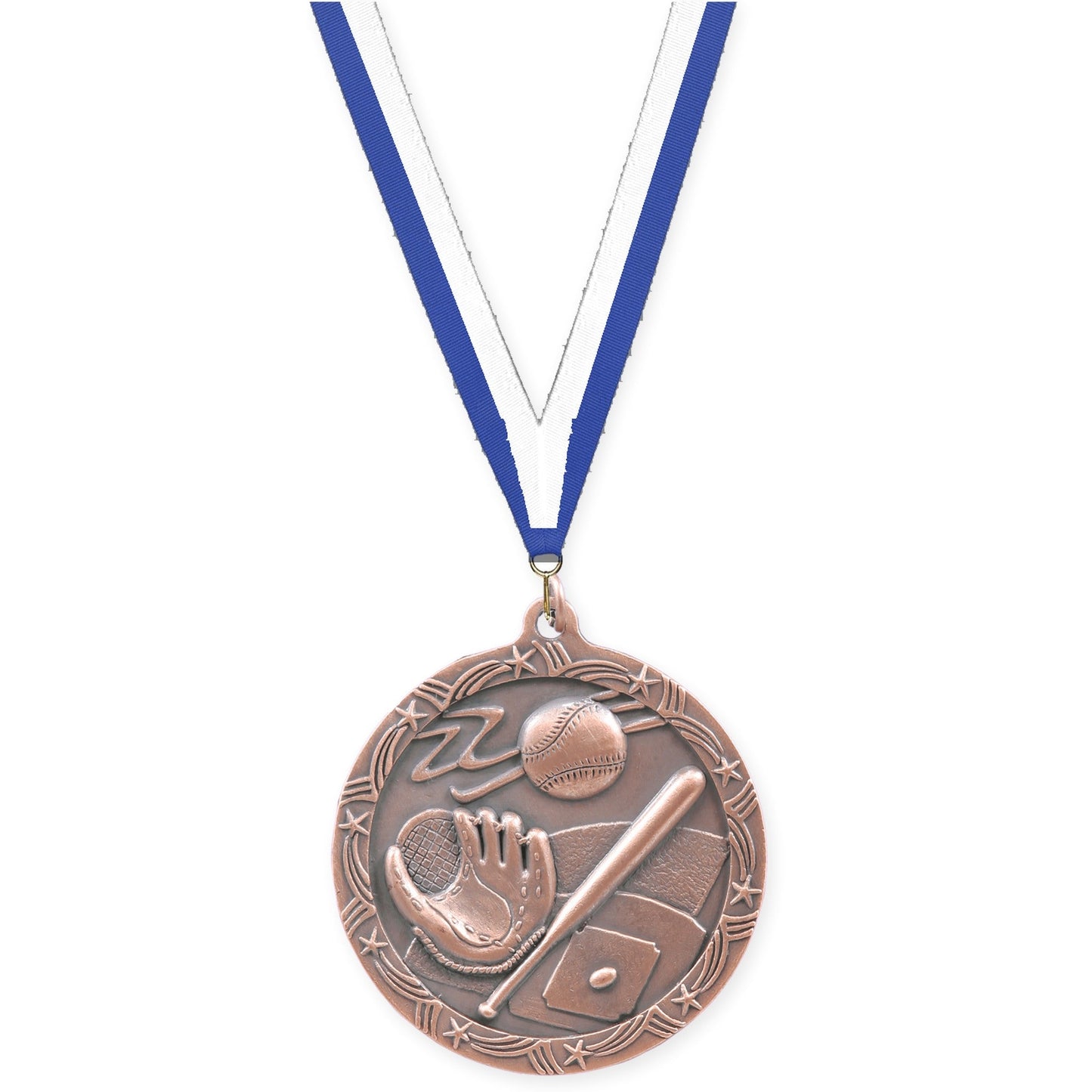 2 1/2 inch baseball and softball Shooting Star medal in antique bronze with Blue White neck ribbon