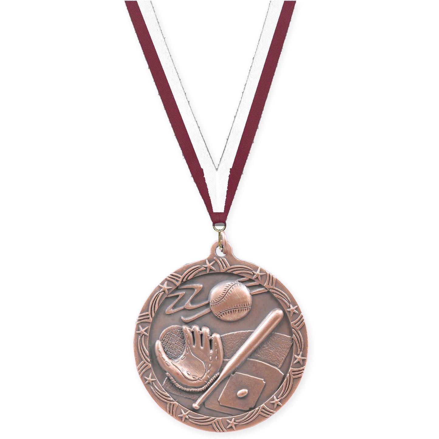 2 1/2 inch baseball and softball Shooting Star medal in antique bronze with Maroon White neck ribbon