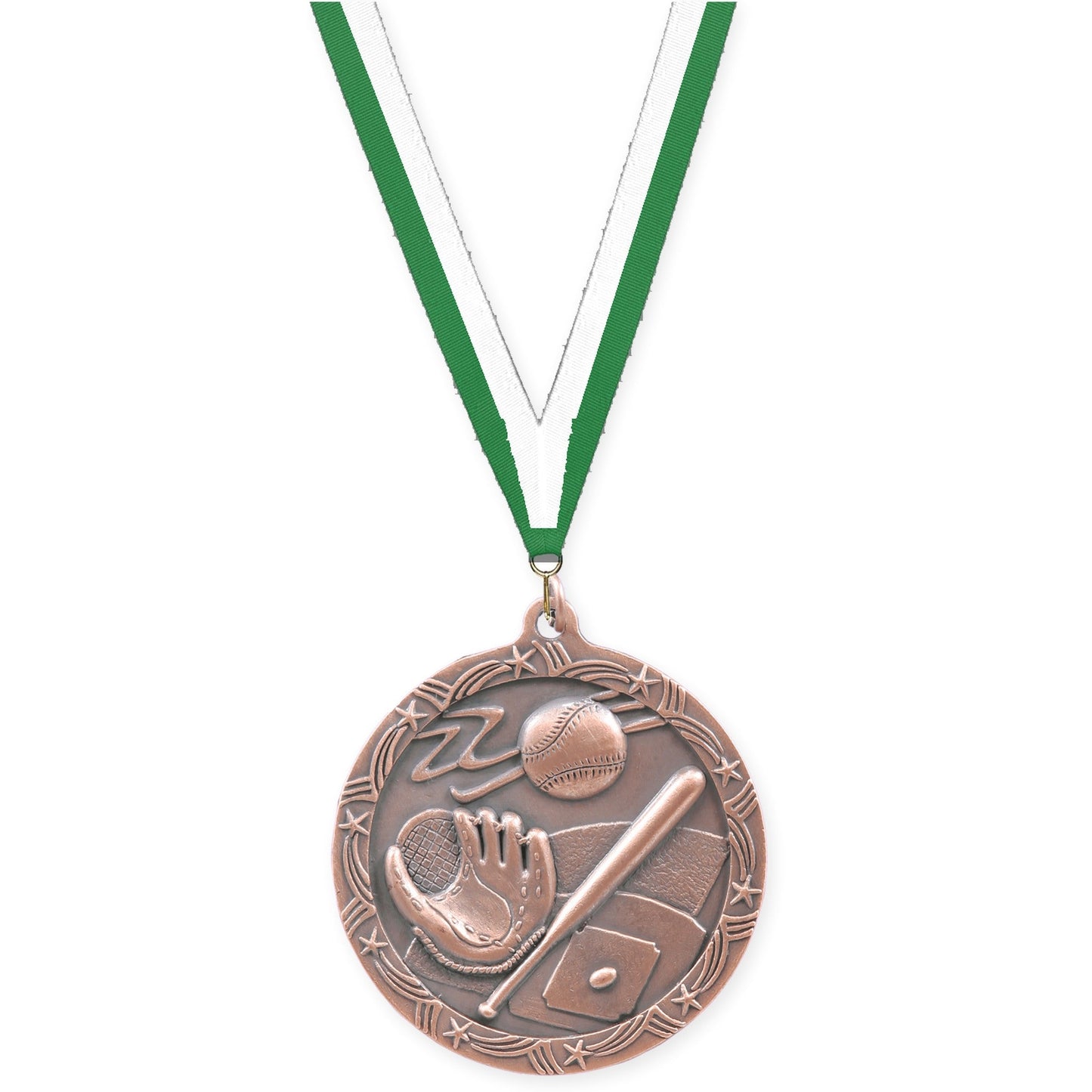 2 1/2 inch baseball and softball Shooting Star medal in antique bronze with Green White neck ribbon