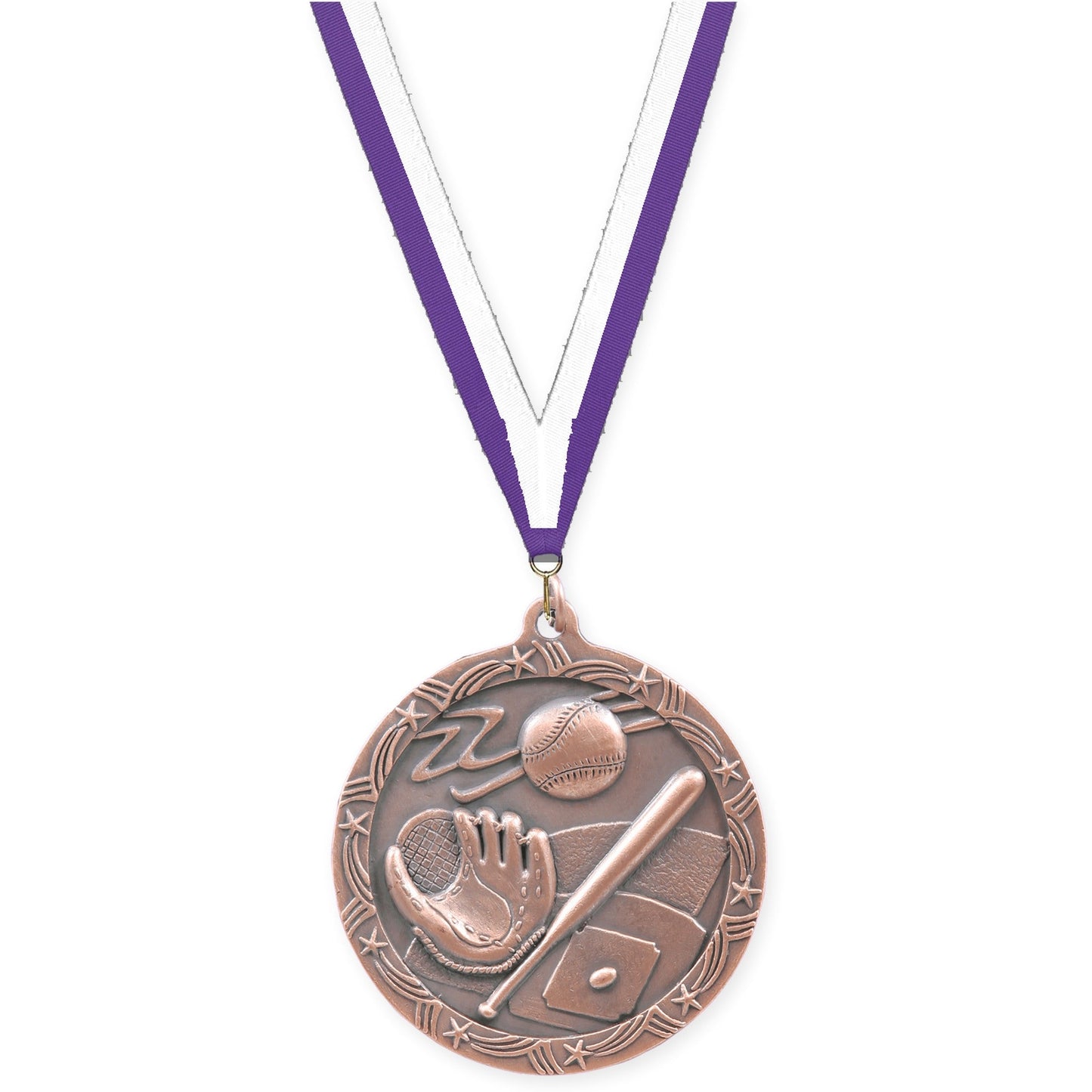 2 1/2 inch baseball and softball Shooting Star medal in antique bronze with Purple White neck ribbon