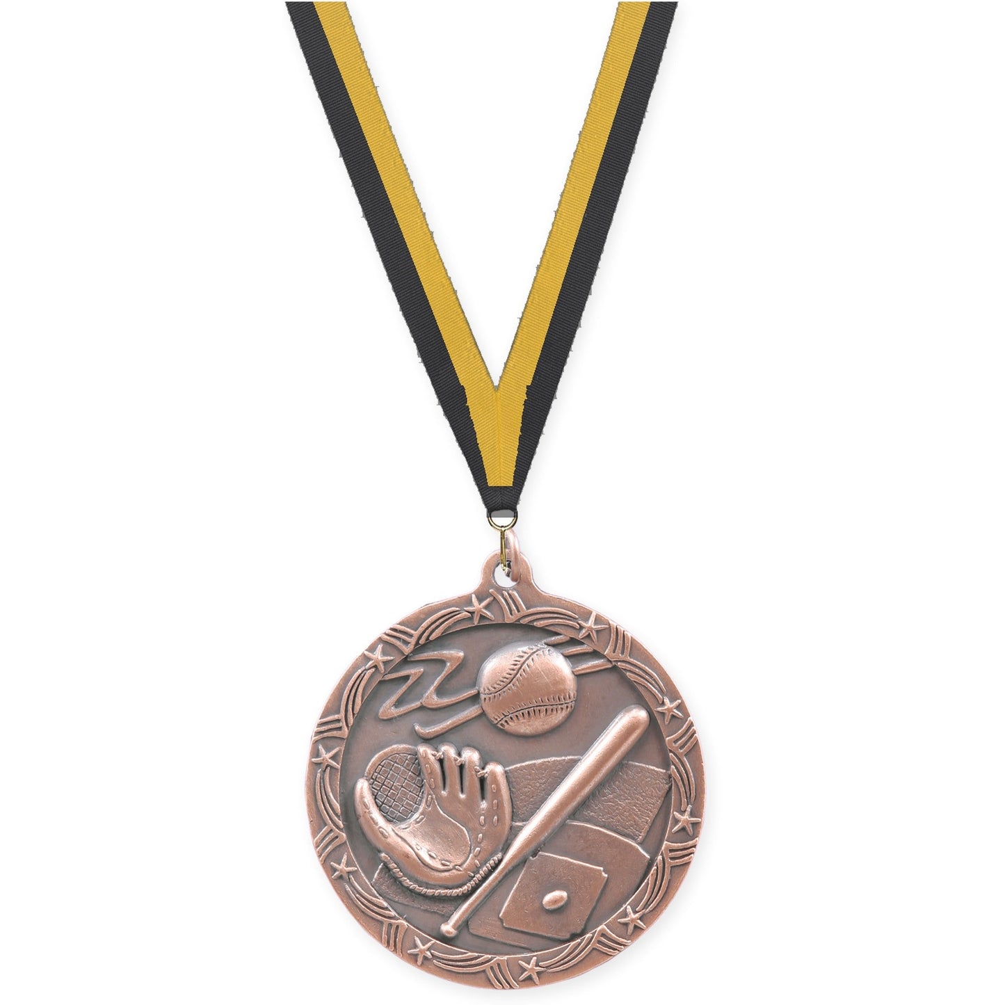 2 1/2 inch baseball and softball Shooting Star medal in antique bronze with Black Gold neck ribbon