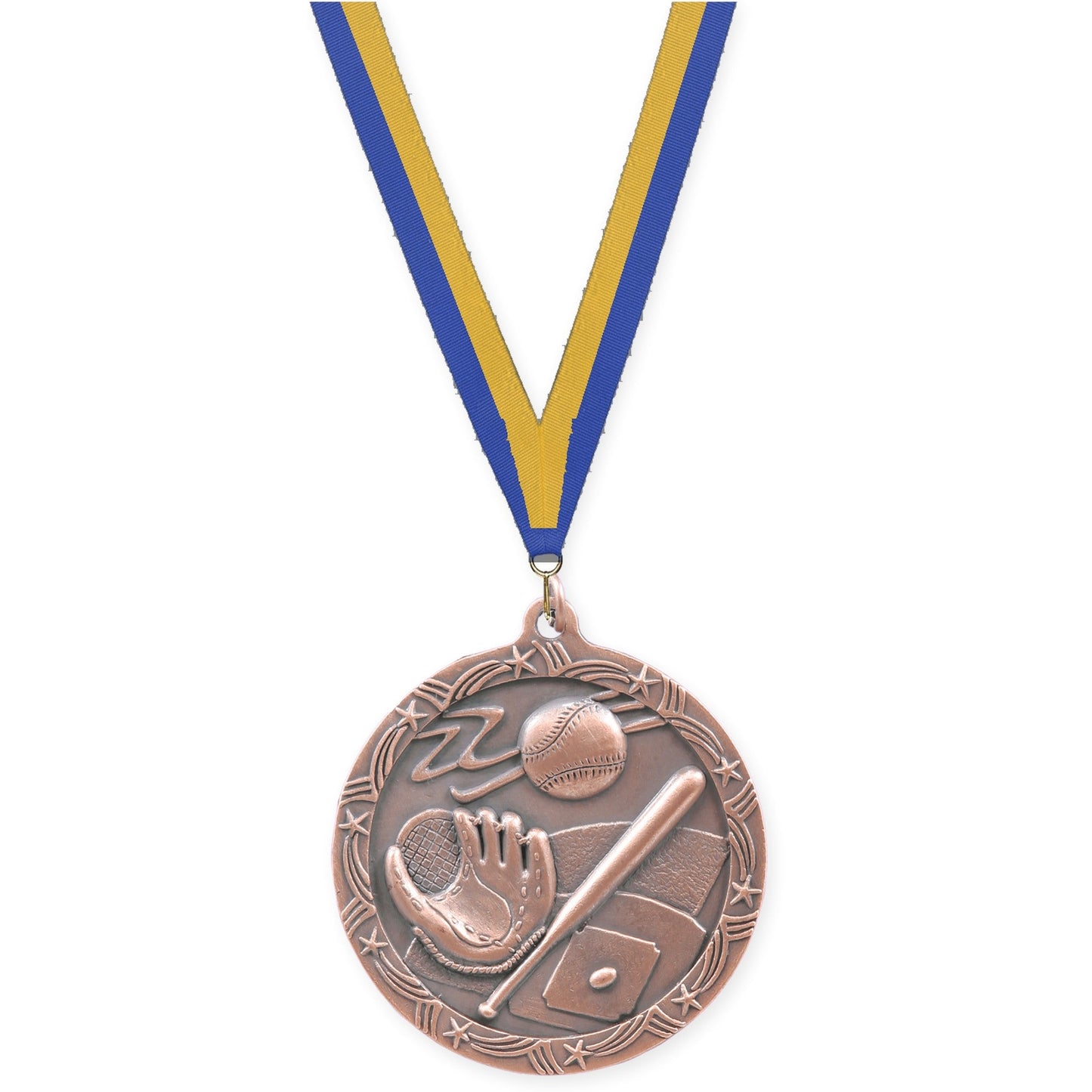 2 1/2 inch baseball and softball Shooting Star medal in antique bronze with Blue Gold neck ribbon