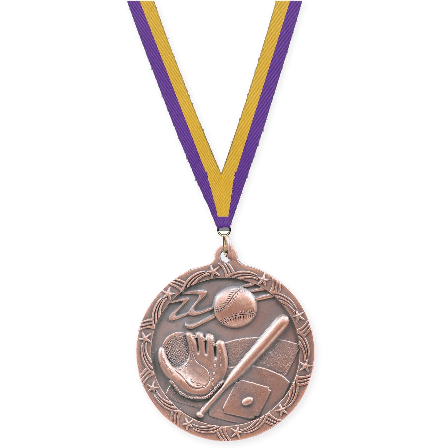 2 1/2 inch baseball and softball Shooting Star medal in antique bronze with Purple Gold neck ribbon